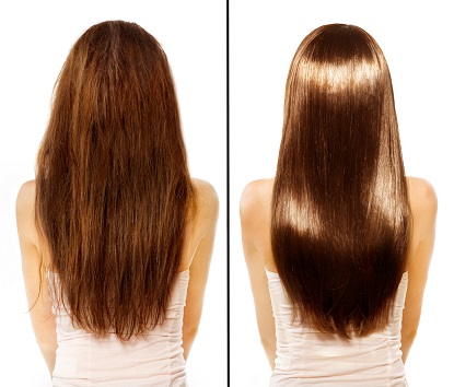 A before and after image of long brown hair without keratin and with keratin treatment